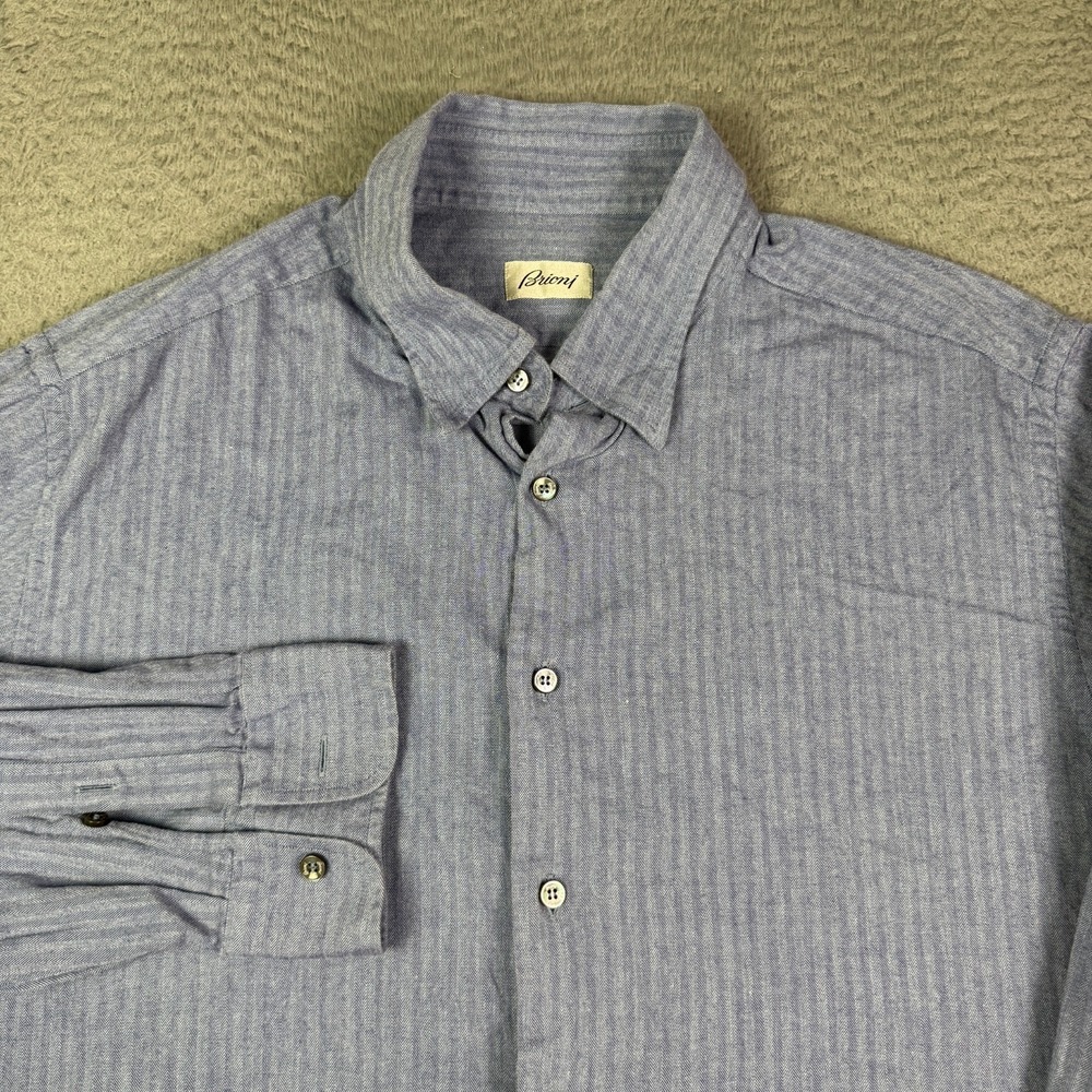 Brioni Dress Shirt Mens VII (3XL) Blue Herringbone Button Down Italy Cotton